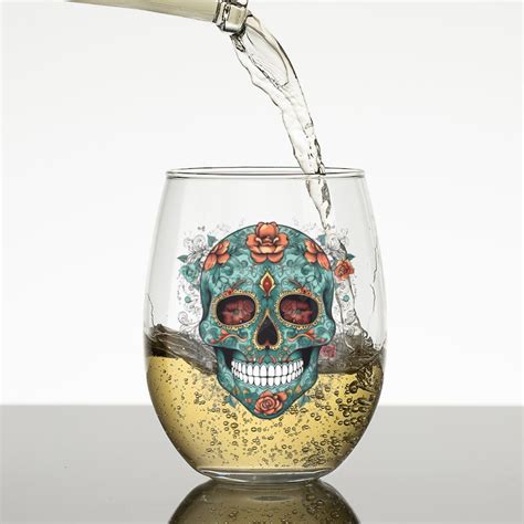 Sugar Skulls Wine Glass Dia De Los Muertos Etched Stemless Wine Glass Gift For Him Cocktail