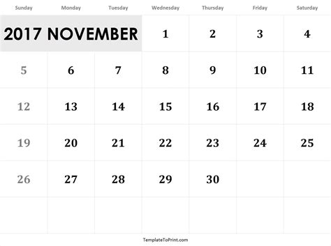 November 2017 Calendar Template Pdf Free Prin