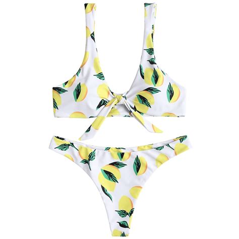 2018 women high waist padded bikini set wire free knot lemon print swimsuit beach bath swimsuit