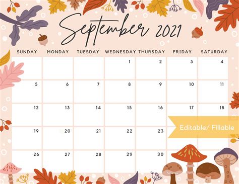 Editable September 2023 Calendar Beautiful Fall Autumn With Cute Gnomes