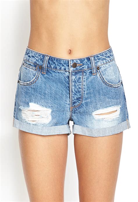 Lyst Forever 21 Cuffed And Distressed Denim Shorts In Blue