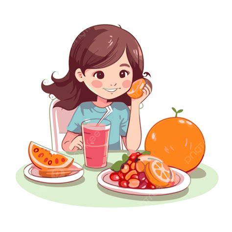 أكل فتاة تناول عشاء صحي مع الفواكه و الماء كرتون المتجه تأكل قصاصة