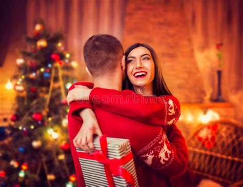 Happy Love Couple Hugs Christmas Holidays Stock Photo