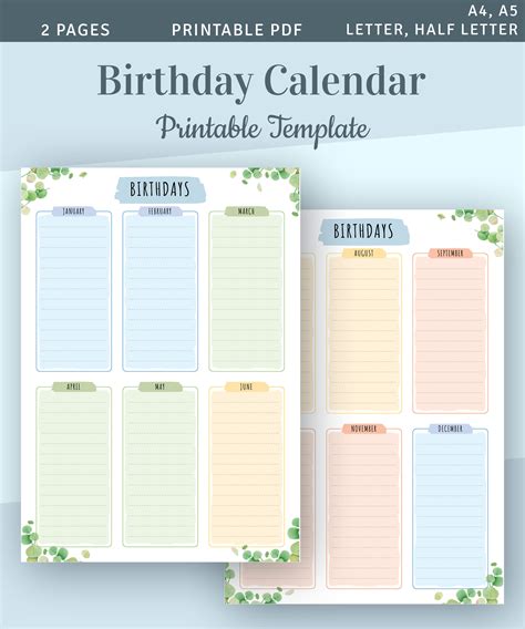 Printable Birthday Calendar Template Birthday List Perpetual Etsy