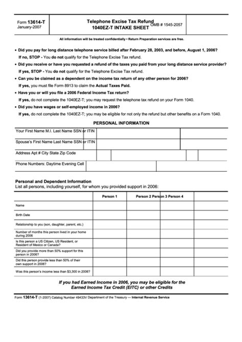 Fillable Form 13614 T Telephone Excise Tax Refund 1040ez T Intake