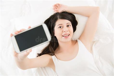 Beautiful Asian Woman Take Selfie With Smartphone On Bed Stock Image Image Of Media High
