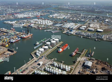 Netherlands, Rotterdam, Port, Harbour. Oil storage. Aerial Stock Photo