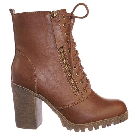 Malia Military Lace Up Combat Ankle Boot On Chunky Block Heel Lug Sole