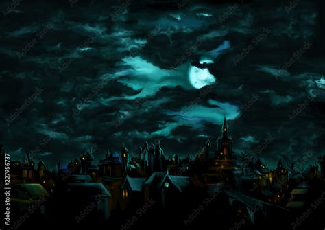 Mystical Night Over The Medieval Gothic Town Illustration A Fantasy