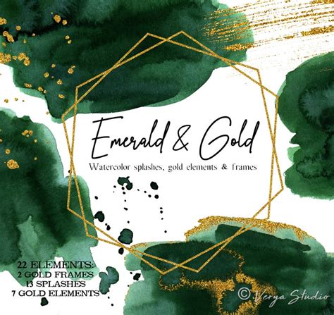 Emerald Green Watercolor Splashes Gold Frames Brushes Clipart Etsy Israel
