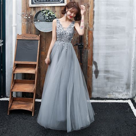 Gray V Neck Tulle Beads Long Prom Dress Evening Dress · Dress Idea