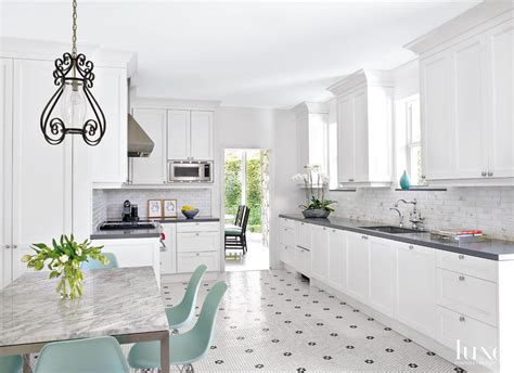 Modern White Kitchen With Mosaic Floor Tiles Luxe Interiors Design