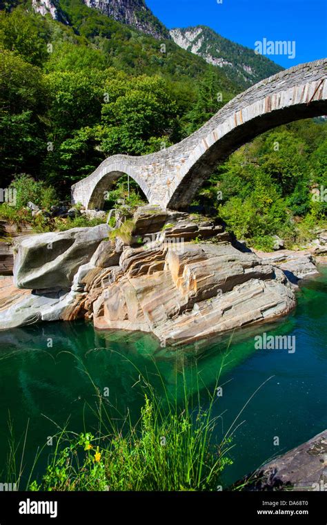 Switzerland Stone Bridge Lavertezzo High Resolution Stock Photography
