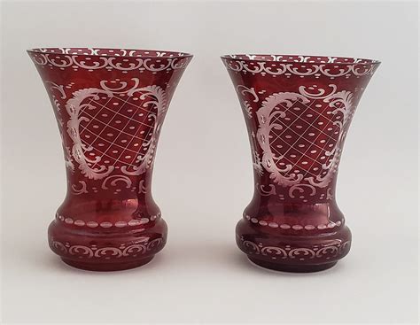 Bohemian Ruby Glass Crystal Vases Pair Of Bohemian Ruby Engraved Glass Vases Rafael Osona