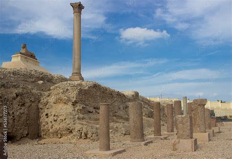 Ruins Of Columns In The Pillar Of Pompeii In Alexandria Egypt Stock
