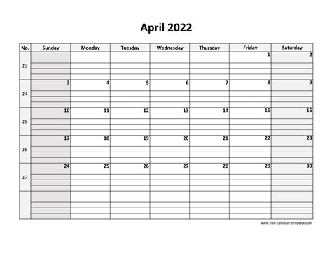 April 2022 Calendar Free Printable With Grid Lines Designed Horizontal