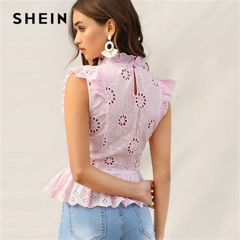 shein white guipure lace insert embroidered eyelet peplum top blouse women long sleeve slim fit