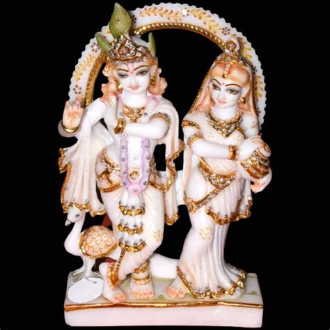 Painted Hindu White Makrana Marble Powder 12inch Radha Krishna Statue