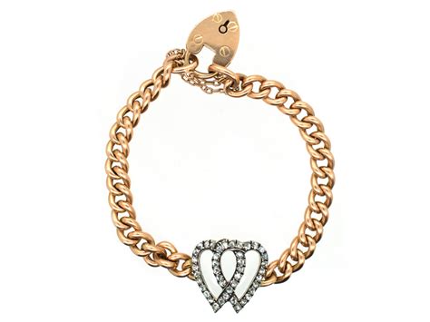 Edwardian 15ct Gold And Rose Diamond Double Heart Bracelet 474g The