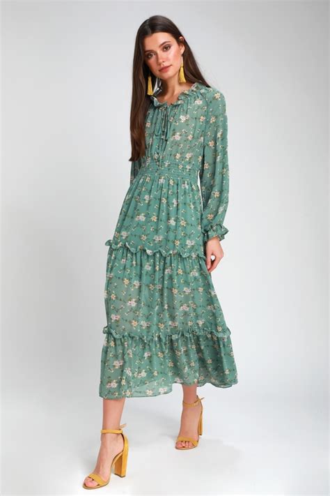 Sage green bridesmaid dresses real weddings | birdy grey. Lovely Sage Green Floral Print Dress - Midi Dress - Long ...
