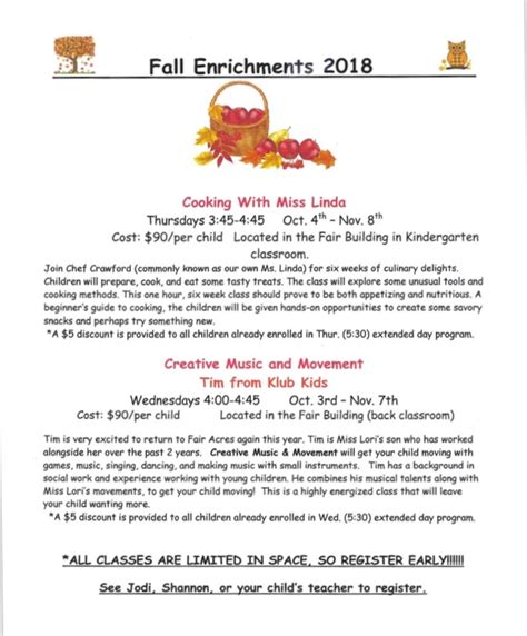 Fall After School Enrichments Fair Acres Country Day School And