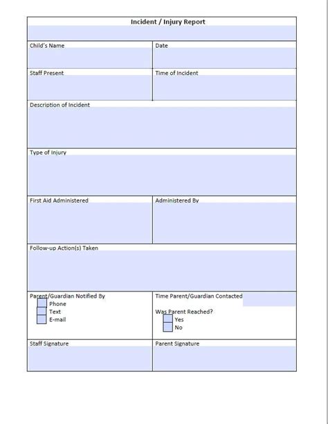 Incident And Injury Report Form For Child Care Editable