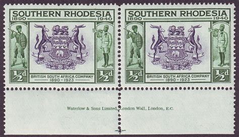 Southern Rhodesia 1940 Bsac Jubilee ½d Waterlow Imprint Pair Mint Sg53