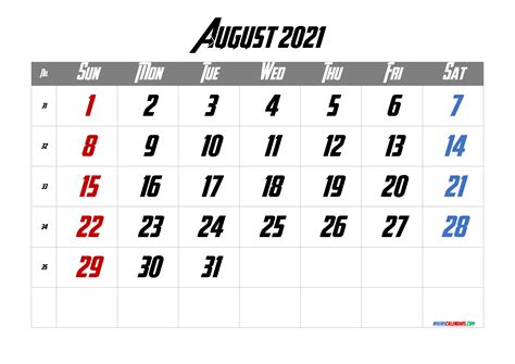 August 2021 Calendar Free Printable