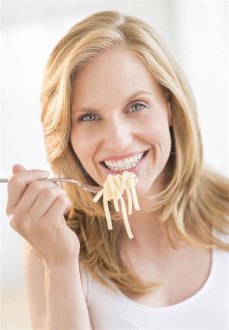 Young Woman Holding Fork With Pasta At Home Stock Image Image Of