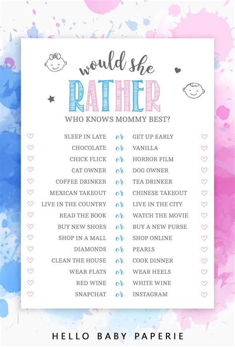 editable gender reveal would she rather game gender reveal party games gender reveal party