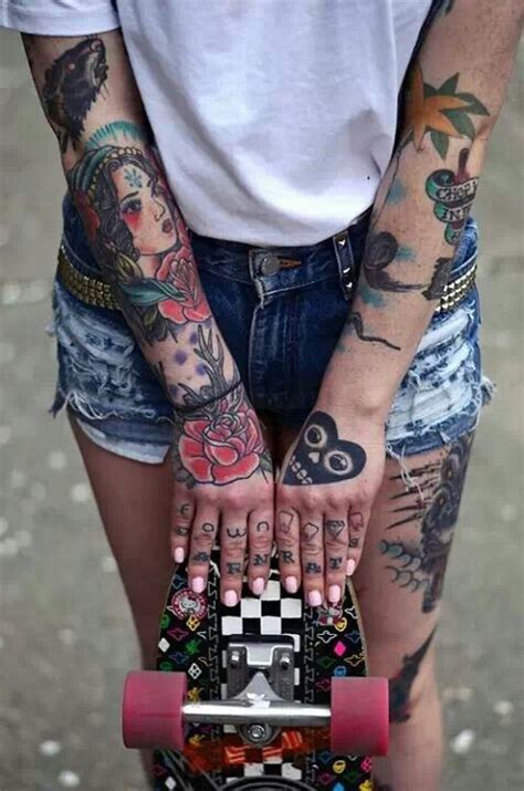 inked skater gir llove this whole look pink pastel nails girl tattoos tattoos hand tattoos