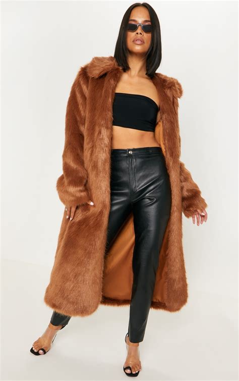 Brown Maxi Faux Fur Coat Coats And Jackets Prettylittlething Il