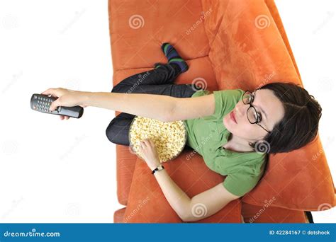Young Woman Eat Popcorn And Watching Tv Stock Image Image Of Isolated