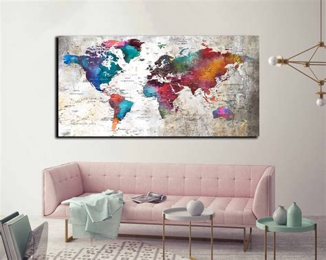 World Map Wall Art World Map Canvas Large Watercolor Art Print World