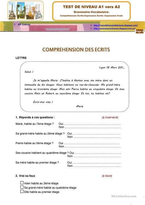 Test De Niveau A1 Vers A2 Compréhension De Lecture Exercices De