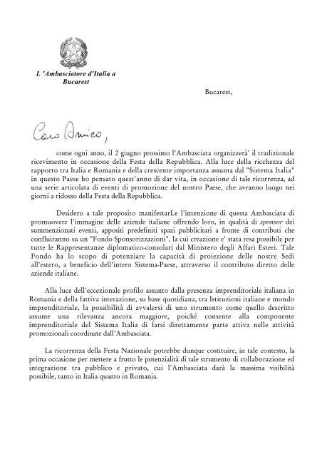 Lettera Ambasciatore Ambasciata D Italia A Bucarest Ministero