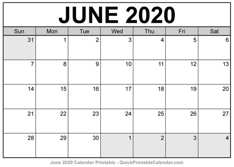 June 2020 Calendar Printable