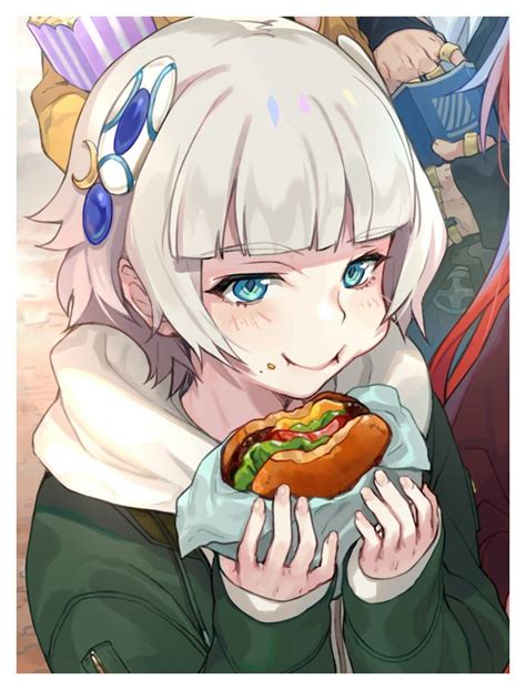 Anime Girl Eating Burger 640x840 Wallpaper