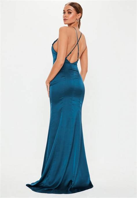Teal Satin Round Neck Backless Maxi Dress Missguided