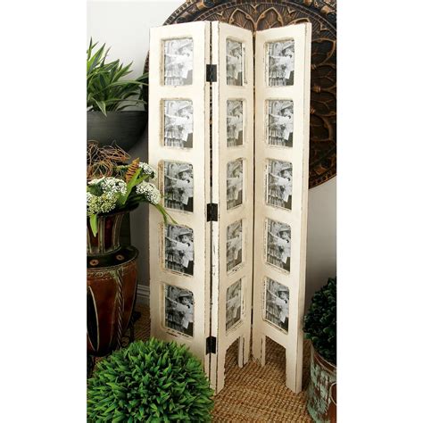 27 In X 51 In Distressed Ivory 3 Panel Wood Screen With Photo Frame Panel Inserts White