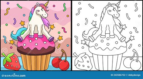 Unicorn Sitting On A Cupcake Coloring Page Stock Vector Illustration