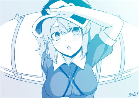 Safebooru 1girl Balcony Bangs Blue Theme Blush Breasts Collared Shirt Commentary Request