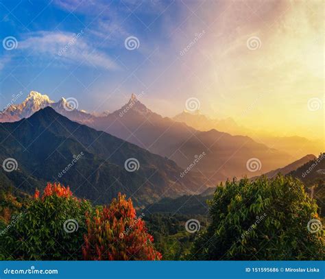 Colorful Sunrise Over Himalaya Mountains In Nepal Stock Photo Image