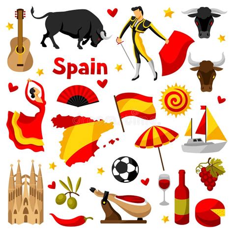 Ícones Da Espanha Ajustados Símbolos E Objetos Tradicionais Espanhóis