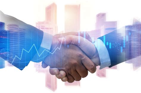 Double Exposure Image Of Investor Business Man Handshake With Partner