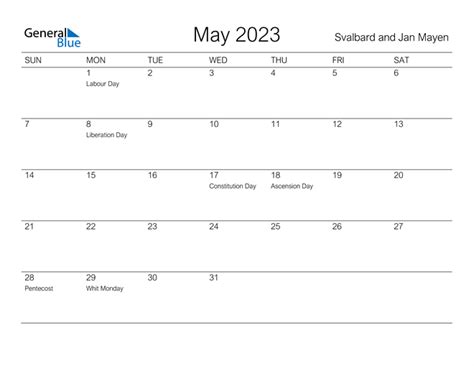 Svalbard And Jan Mayen May 2023 Calendar With Holidays