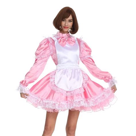 Sissy Girl Maid High Collar Cute Bow Satin Lockable Pink Dress Crossdress Cosplay Costume On