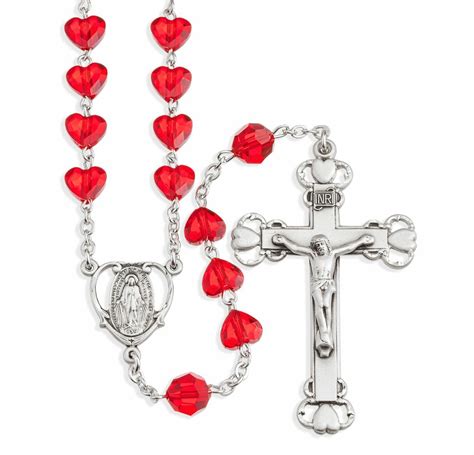 Sterling Silver Rosary Hand Made With Swarovski Crystal 8mm Red Heart