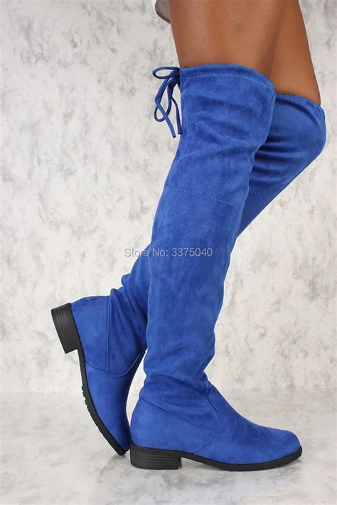 women blue suede over the knee high boots chunky low heel lace up thigh high boots shoes over
