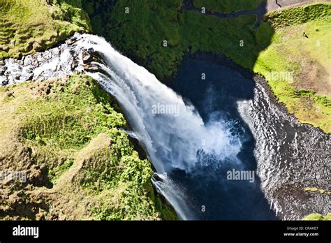 Aerial View Seljalandsfoss Waterfall On The Edge Of The Highlands Of